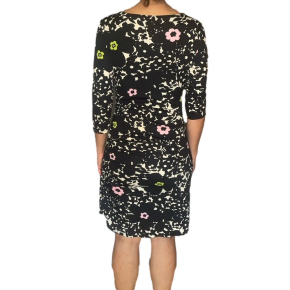 BCBG Paris Black Floral Print V Neck Ruched Midi Dress Women's Size Small - Picture 6 of 8